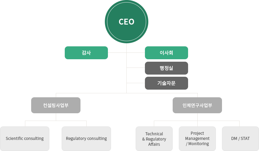 ceo-감사-이사회/행정실/기술자문/컨설팅사업부-scientific consulting, regulatory consulting/인체연구사업부- technicla&regulatory affairs, project management&monitoring, DM&STAT